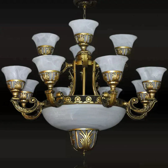 Classic Bell Chandelier: Alabaster Glass 15-Light Ceiling Pendant In Brass