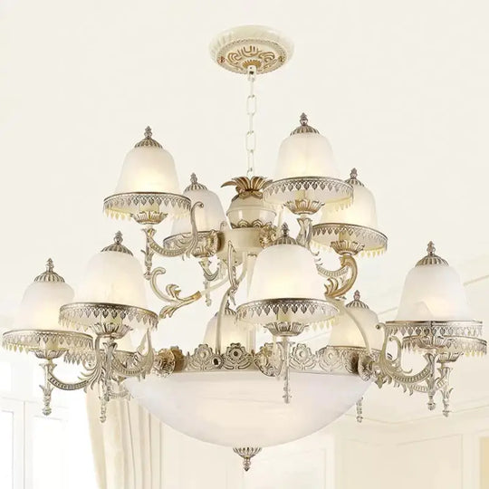 Frosted Glass White Chandelier Tiered Bell Shaped 15-Light Country Style Hanging Light