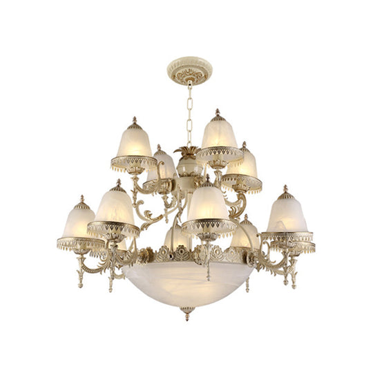 Frosted Glass White Chandelier - Tiered Bell Shaped 15-Light Country Style Hanging Light