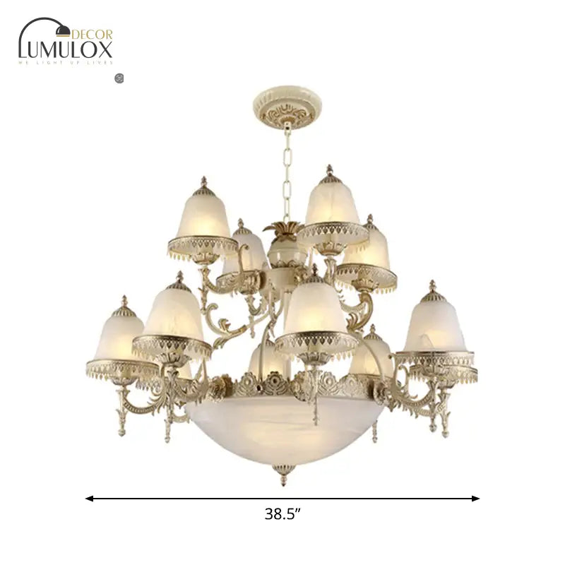 Frosted Glass White Chandelier Tiered Bell Shaped 15-Light Country Style Hanging Light