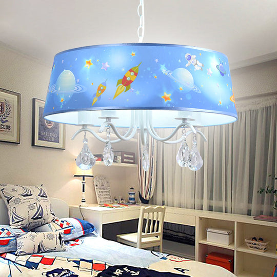 Blue Creative Planet & Rocket Hanging Pendant Chandelier With Clear Crystal For Baby Room