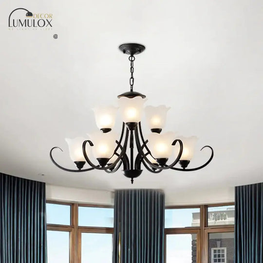 Opal Frosted Glass Black Chandelier Floral 3/8/9-Light Farmhouse Ceiling Pendant Lamp with Scrolling Arm