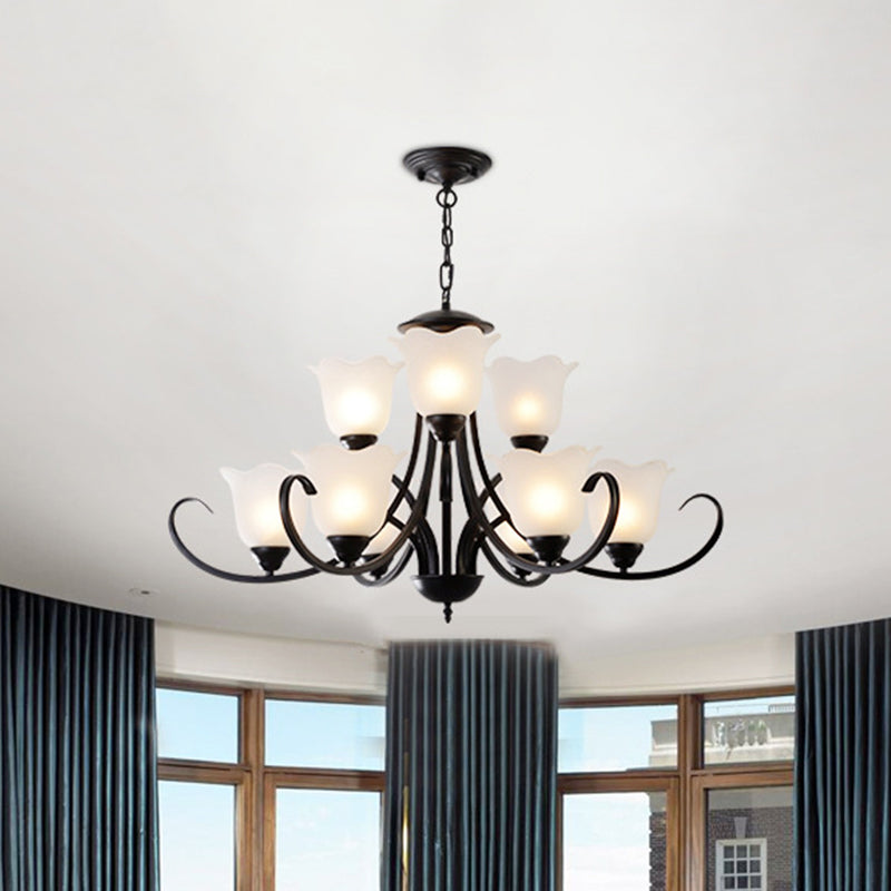 Opal Frosted Glass Black Chandelier - Farmhouse Ceiling Pendant Lamp (3/8/9-Light) With Scrolling