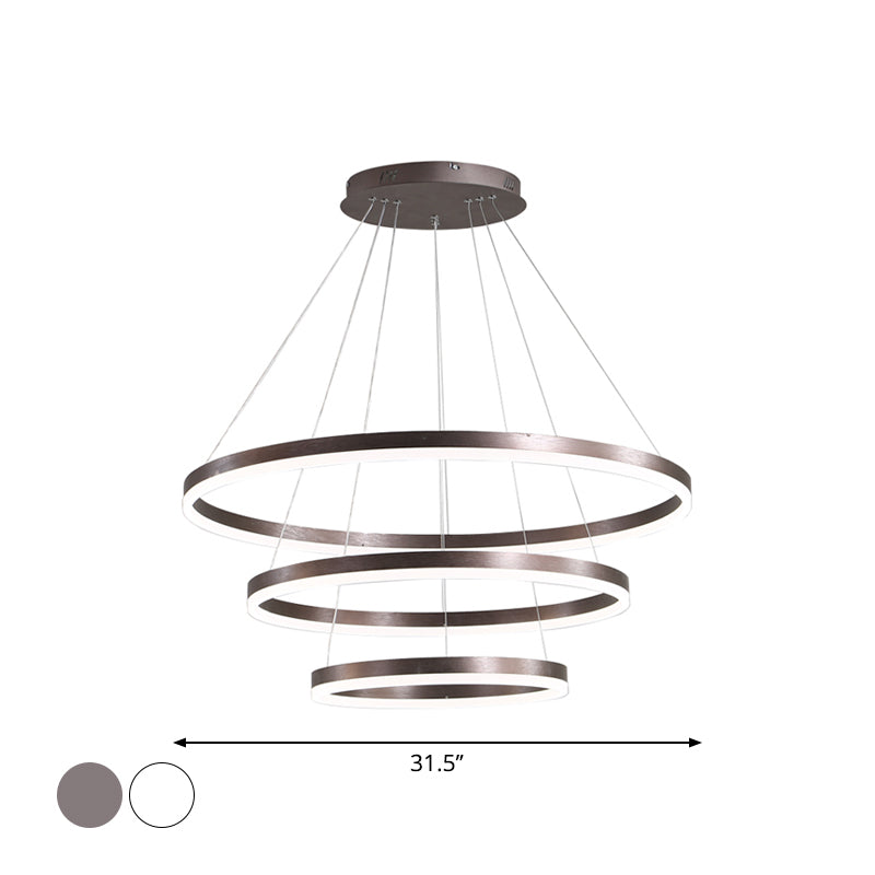 Sleek 2/3 Tiers Aluminum Led Chandelier: Minimalistic White/Coffee Pendant Light Fixture For Dining