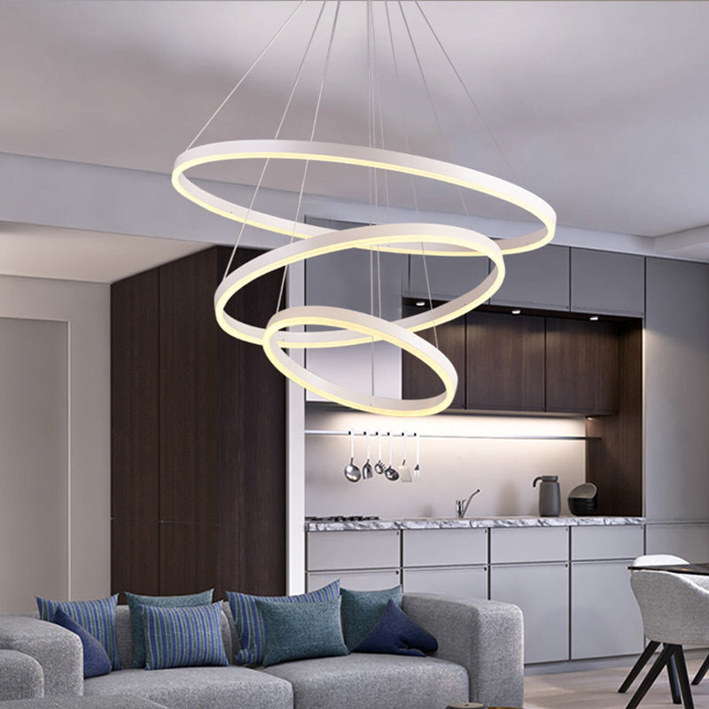 Sleek 2/3 Tiers Aluminum Led Chandelier: Minimalistic White/Coffee Pendant Light Fixture For Dining