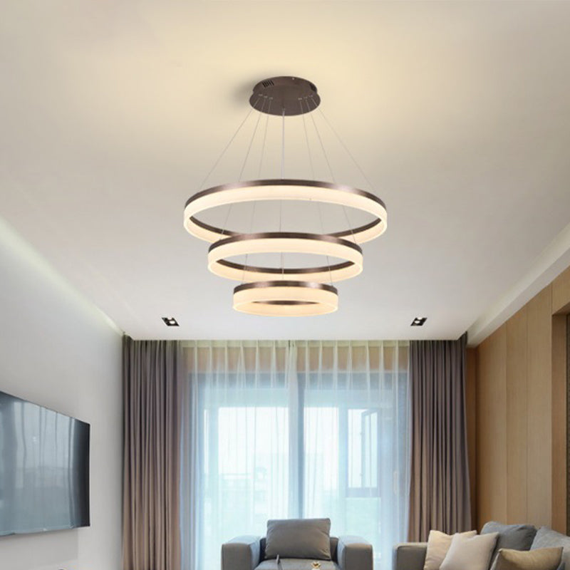 Minimalistic Brown Acrylic Led Pendant Light Kit For Bedroom - 1/2/3-Tier Circle Chandelier