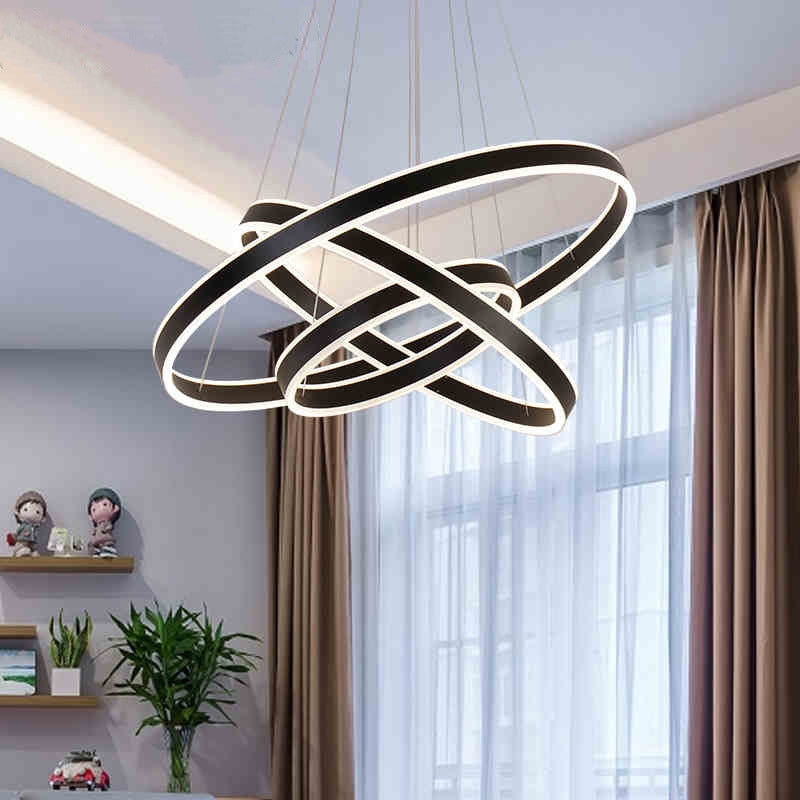 Modern LED Hoop Hanging Chandelier, 2/3-Tier, Aluminum, Black