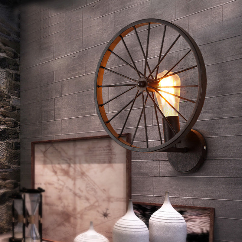 Decorative Metallic 1-Head Wall Sconce Lighting In Black - Wheel Design