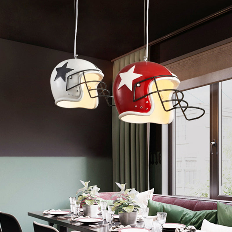 Resin Helmet Pendant Ceiling Light - Red/White Decorative Hanging Lamp For Restaurants