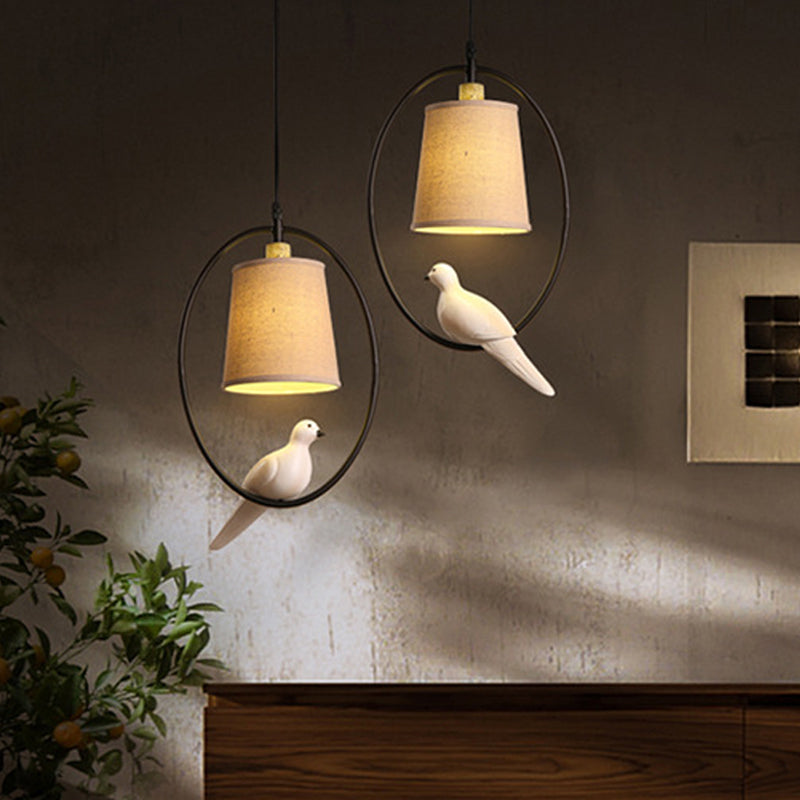 Artistic Fabric Cone Pendant Ceiling Light With Bird Decor White/Black Oval Frame