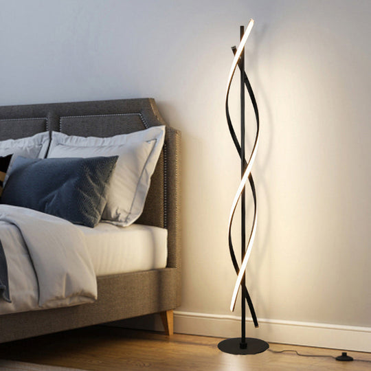 Modern Spiral Floor Lamp - Metallic Black/White Led Stand Up Light For Bedroom Black / Warm