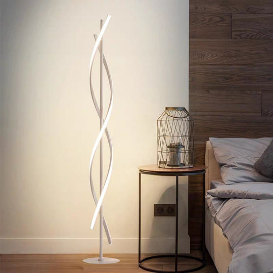 Modern Spiral Floor Lamp - Metallic Black/White Led Stand Up Light For Bedroom White / Warm