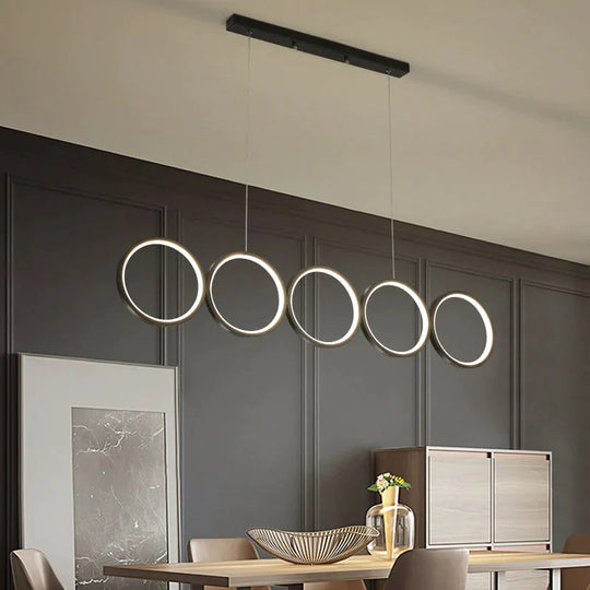 LED Ceiling  5-Ring Black Hanging Island Light Metal Pendant over Table, Warm/White Light