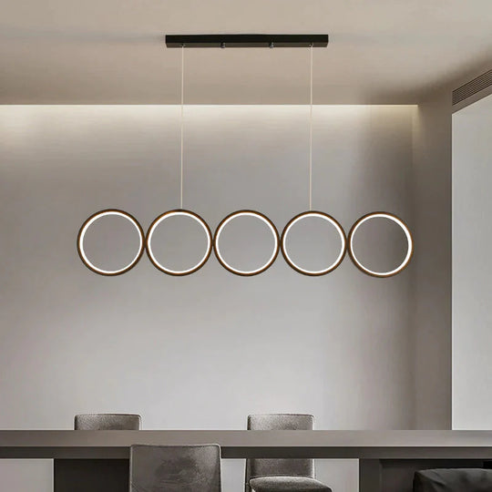 LED Ceiling  5-Ring Black Hanging Island Light Metal Pendant over Table, Warm/White Light