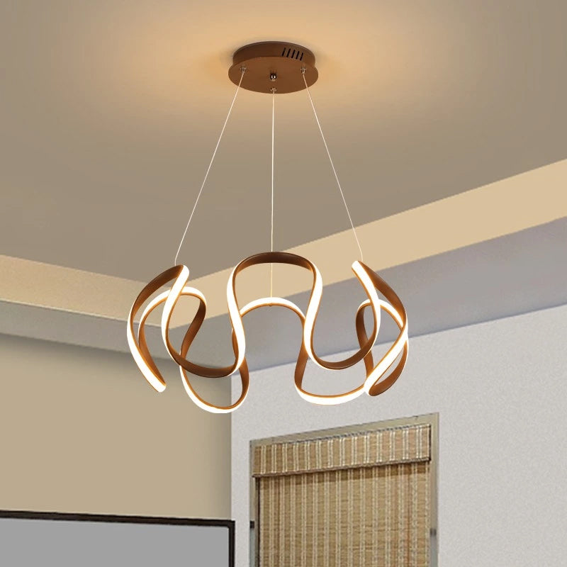 Minimalist Aluminum LED Coffee Twisted Linear Chandelier Pendant Ceiling Light in Warm/White