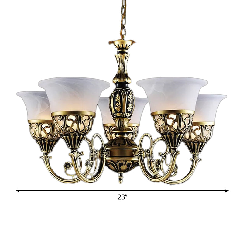 Vintage Bell Ceiling Light With 5 Opal Frosted Glass Bulbs - Bronze Scroll Arm Chandelier