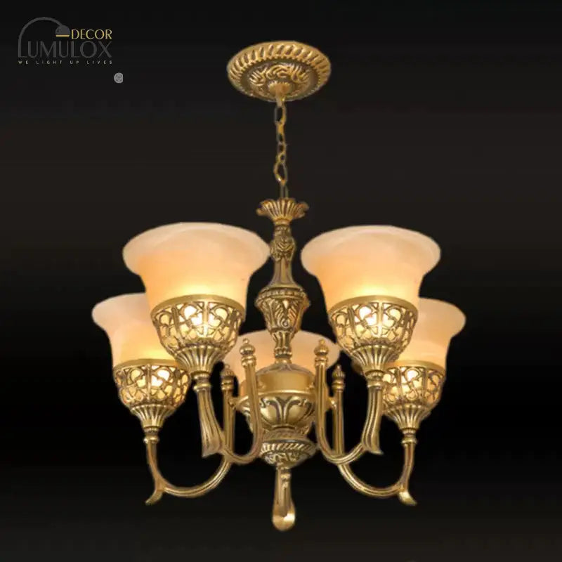 Bronze 5-Light Up Chandelier Antiqued Style Frosted Glass Flared Ceiling Hang Lamp