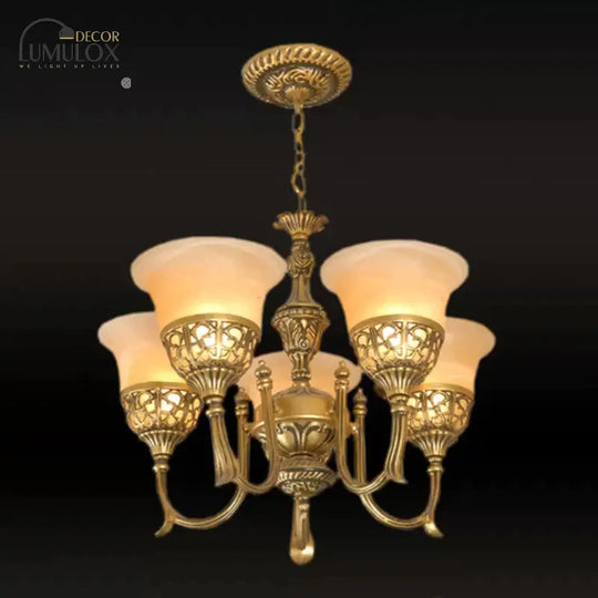 Bronze 5-Light Up Chandelier Antiqued Style Frosted Glass Flared Ceiling Hang Lamp
