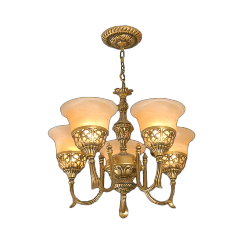 Bronze 5-Light Chandelier: Antiqued Style With Frosted Glass Shades