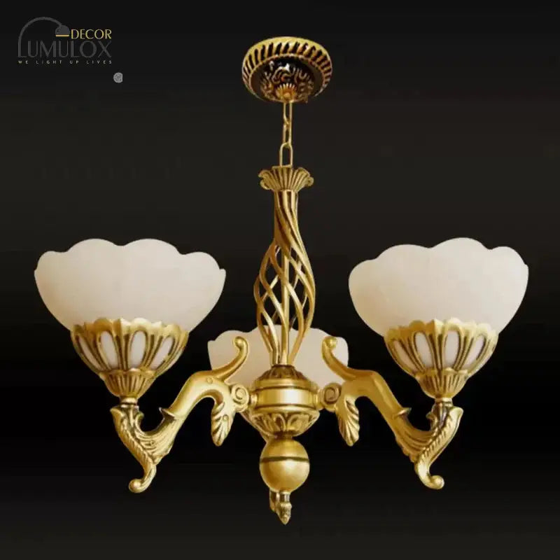 Gold 3 Heads Chandelier Lighting Traditional Ivory Glass Flower Hanging Light Fixture