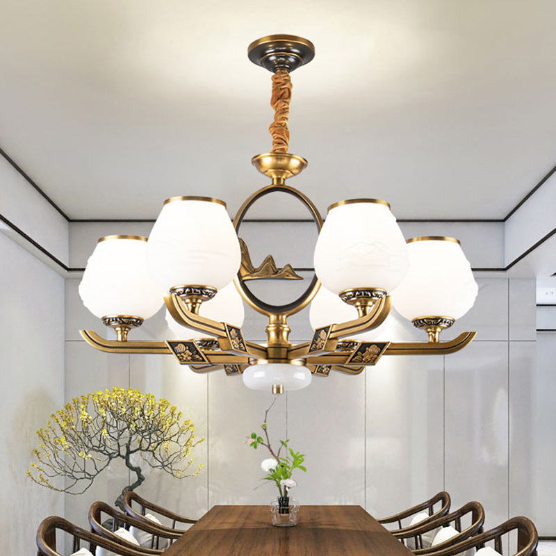 Traditional Brass Chandelier With 6 Hanging Lights & Bud White Glass Shade For Dining Room