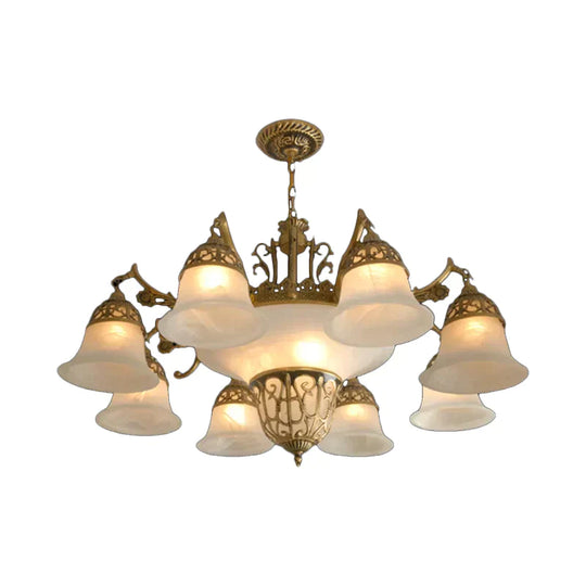 Retro Chandelier With 11 Bulbs And Alabaster Bell Glass Shade - Bronze Finish