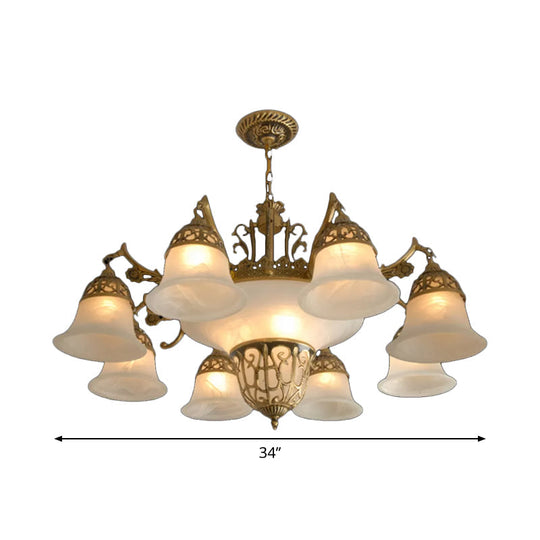 Retro Chandelier With 11 Bulbs And Alabaster Bell Glass Shade - Bronze Finish
