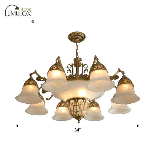 11 Bulbs Down Chandelier Retro Living Room Hanging Light Kit with Bell Alabaster Glass Shade in Bronze