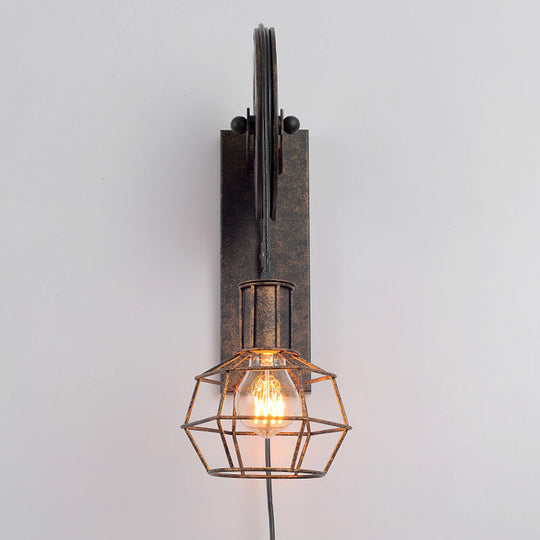 Antique Black Single Pulley Wall Light - Industrial Iron Wire Cage For Restaurant Lighting