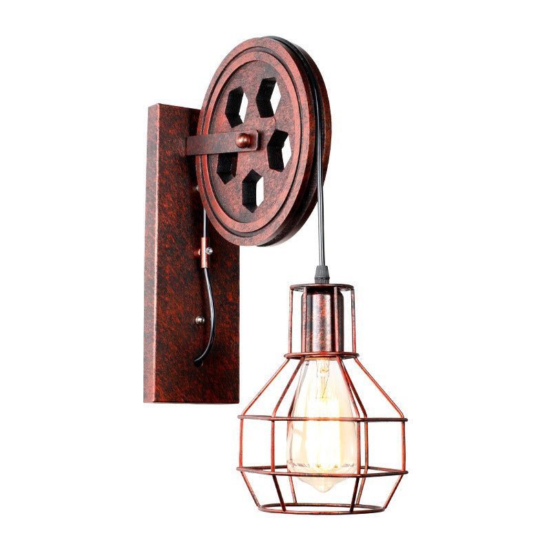 Farmhouse Iron Pulley Wall Light In Rust Red - 1-Light Ball Cage Fixture