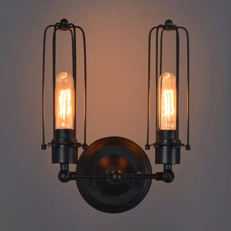 Industrial Bedroom Wall Lamp With 1/2-Head Rotatable Design Tube Metal Cage Black Finish 2 /