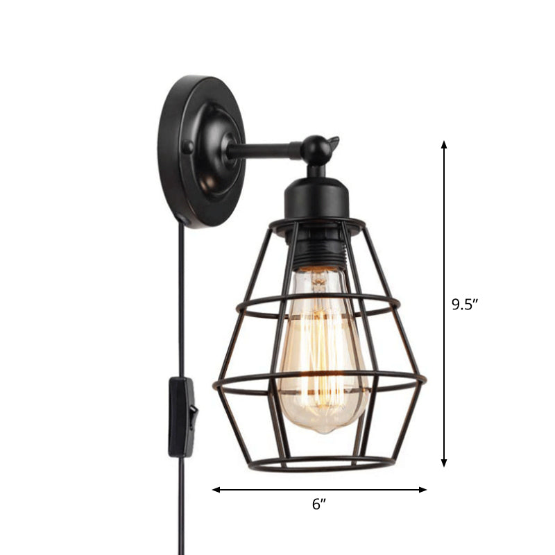 Rustic Iron Wire Cage Rotating Wall Lamp With 1 Light For Bedroom Reading - Black (With/Without