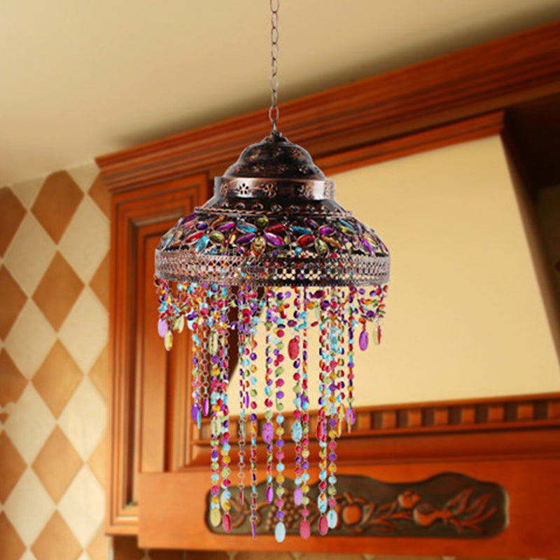 Boho Stained Glass Pendant Copper Lamp - Bowl Dining Room Down Light With Beaded Drape