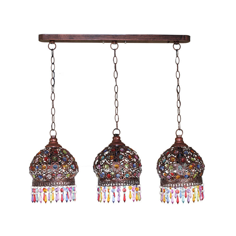 Bohemia Stained Glass Pendant Light With Fringe - 3 Bulbs Cluster Design In Copper Finish