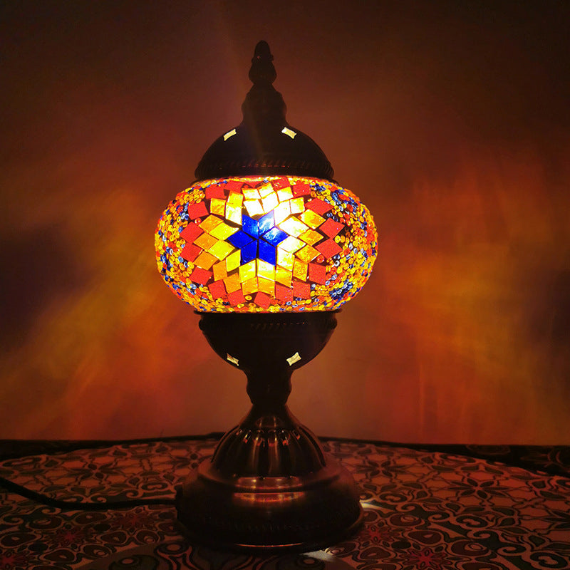 Turkish 1-Light Stained Glass Globe Table Lamp With Sunflower Pattern In Bronze Perfect Nightstand