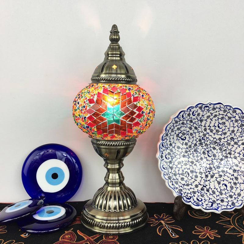 Stylish Turkish Bedroom Table Lamp - Spherical Glass Shade Bronze Finish Watermelon Red