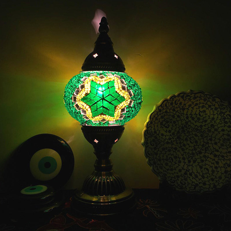 Stylish Turkish Bedroom Table Lamp - Spherical Glass Shade Bronze Finish Turquoise