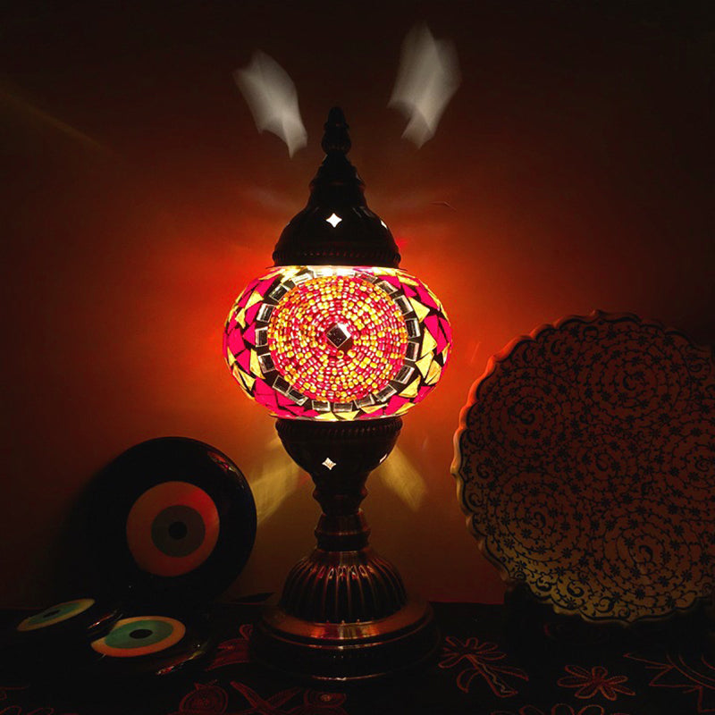 Stylish Turkish Bedroom Table Lamp - Spherical Glass Shade Bronze Finish Orange Red