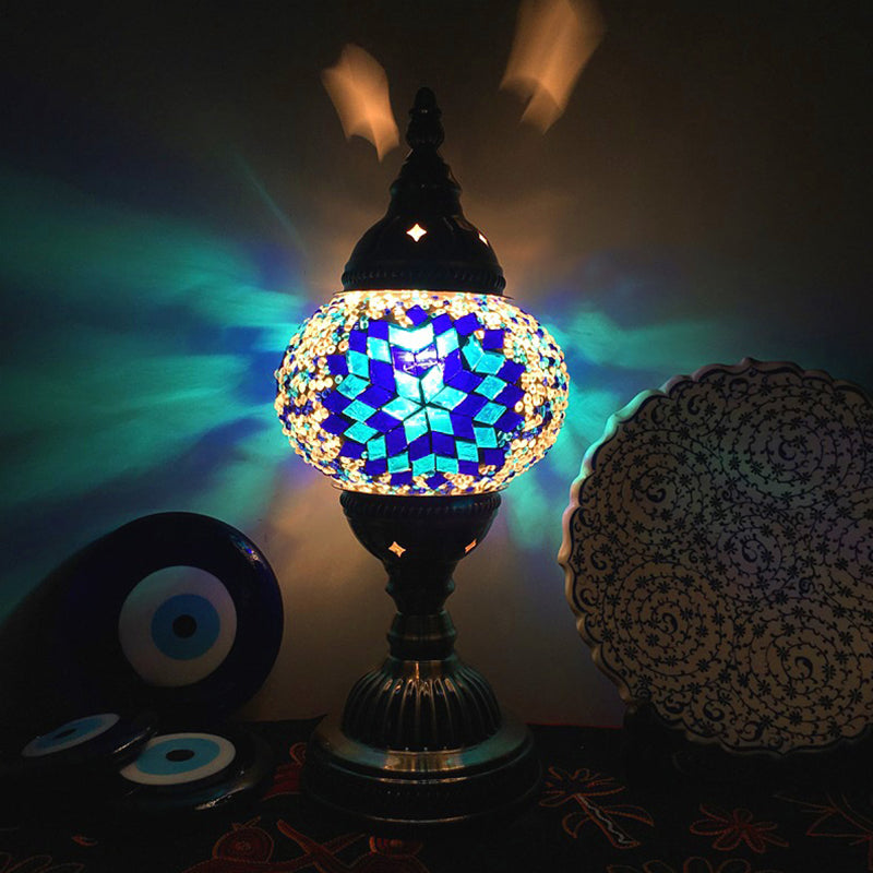 Stylish Turkish Bedroom Table Lamp - Spherical Glass Shade Bronze Finish Lake Blue