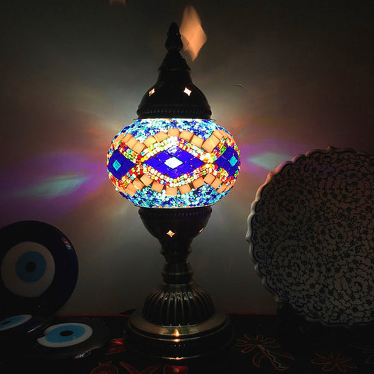 Stylish Turkish Bedroom Table Lamp - Spherical Glass Shade Bronze Finish Blue