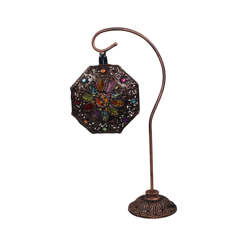 Bronze Stained Glass Octagon Night Lamp - Gooseneck Single-Bulb Table Light