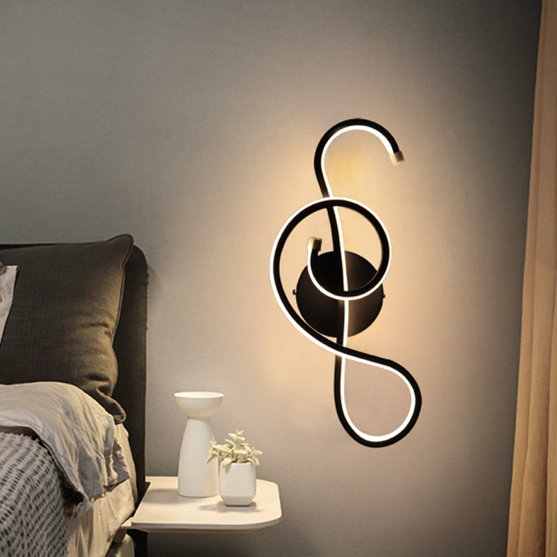 Modern Led Wall Sconce With Acrylic Shade For Bedroom - Black/White Wavy/Musical Note Design Black /