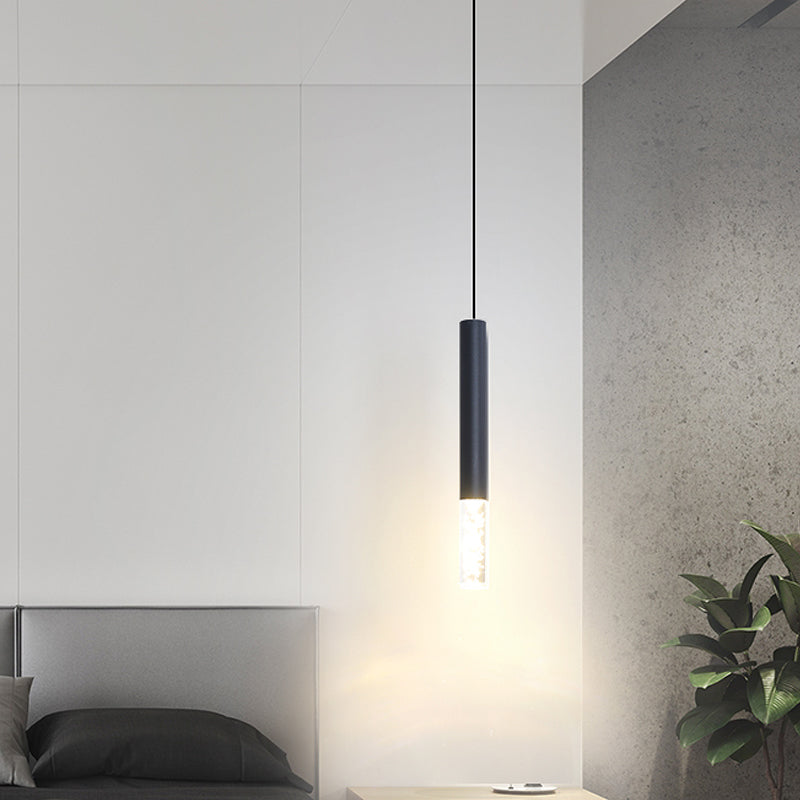 Simple Black Tube Pendant Light with Acrylic LED, Warm/White Light, 3 Size Options