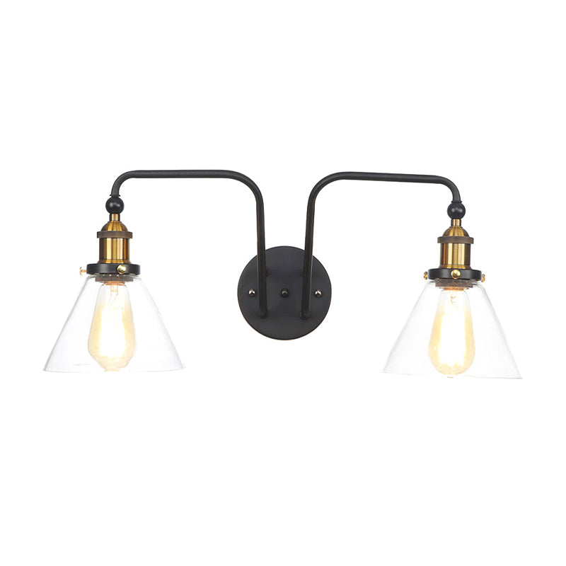 Industrial Style Clear Glass Sconce Lamp - 2 Lights Black Cone/Bowl Design Living Room Wall Lighting