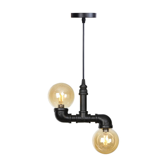 Industrial 2-Light Led Hanging Pendant Chandelier With Global Amber/Clear Glass Shades - Restaurant