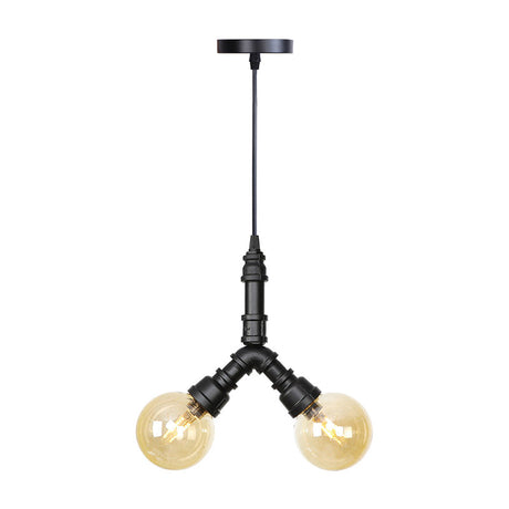 Industrial 2-Light Led Hanging Pendant Chandelier With Global Amber/Clear Glass Shades - Restaurant