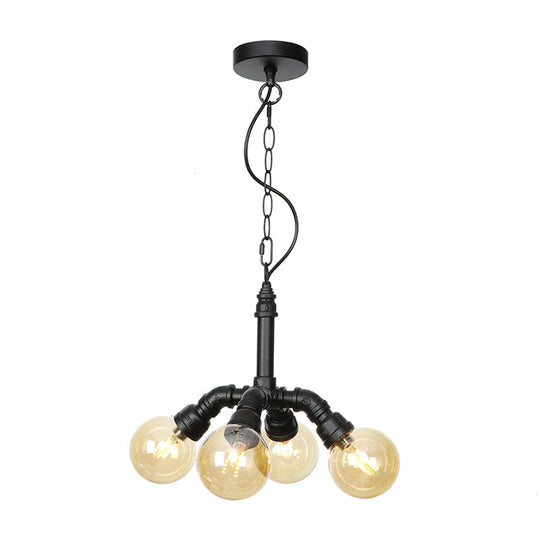 Sleek Black Sphere Glass Ceiling Chandelier Farmhouse Light Fixture With Amber/Clear Perfect For