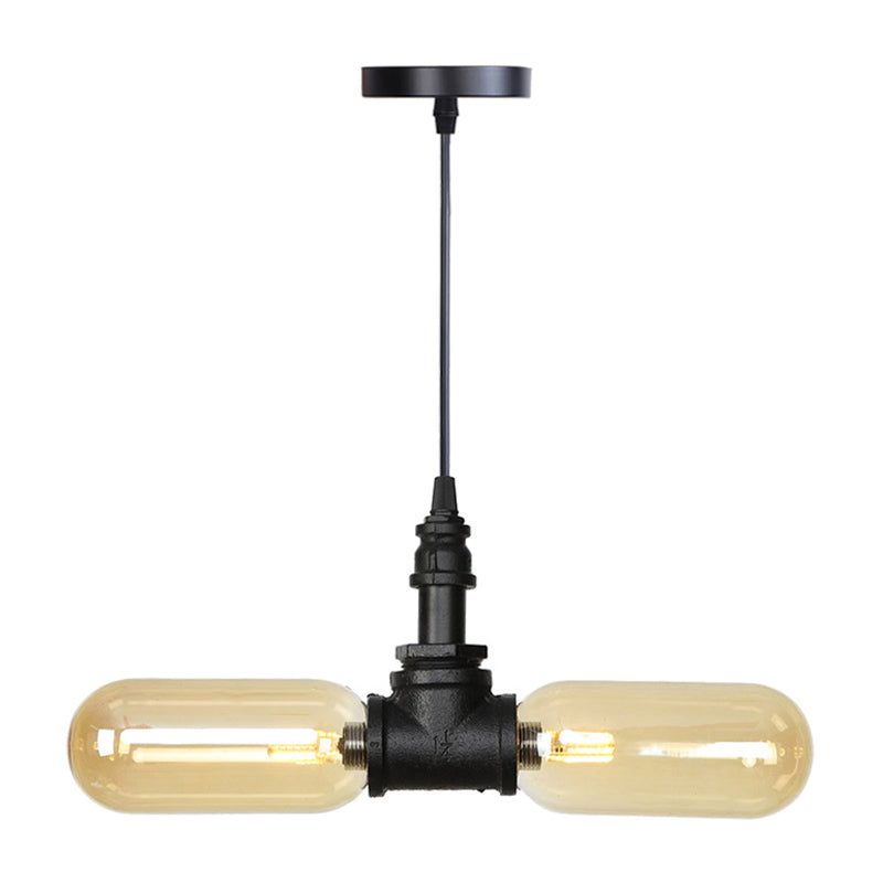 Vintage Amber/Clear Glass Pendant Chandelier with LED Hanging Ceiling Light - 2 Heads, Black