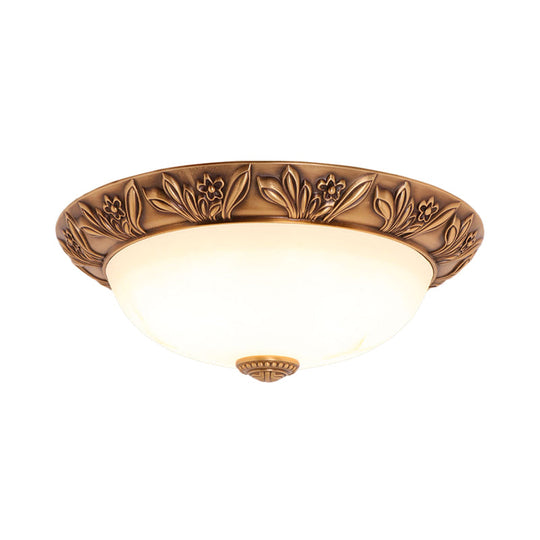 Bronze Flush Mount Light With Cream Glass Bowl And Floral Trim Traditional Led Ceiling Fixture -