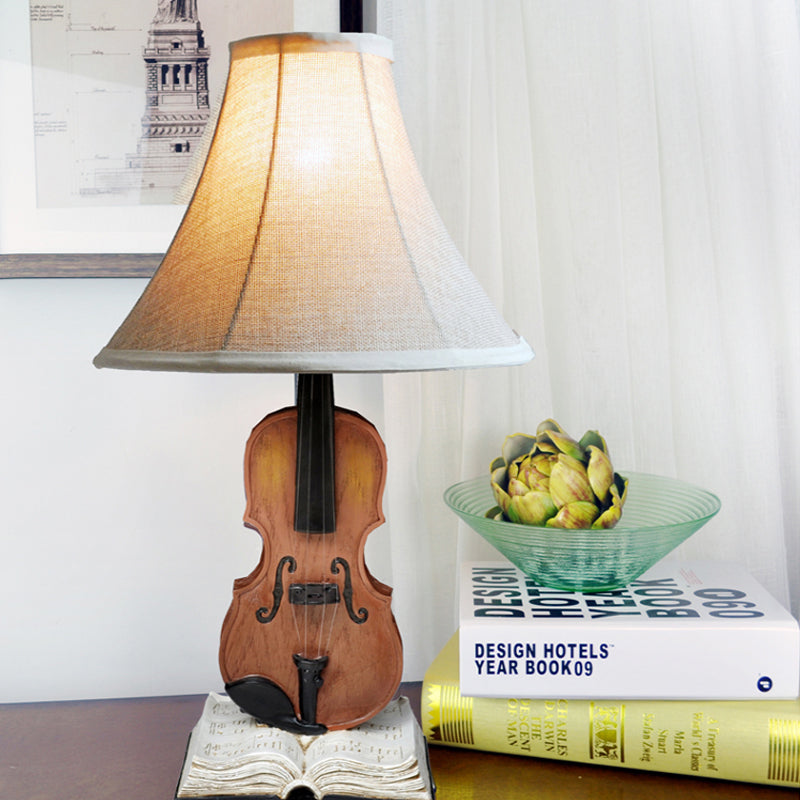 Kids Beige Reading Light: Living Room Flared Shade Desk Lamp With Violin Base Resin - 1 Head